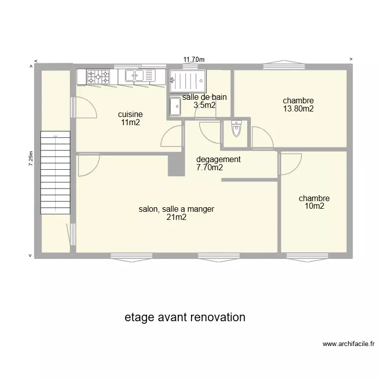 étage avant rénovation. Plan de 3 Pièces et 89 m² étage avant rénovation. Plan de 3 Pièces et 89 m²