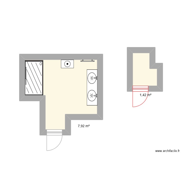 sdb. Plan de 2 pièces et 9 m2