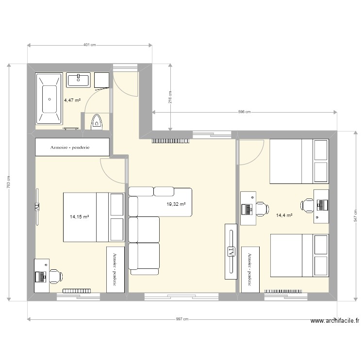 extension garage. Plan de 4 pièces et 52 m2