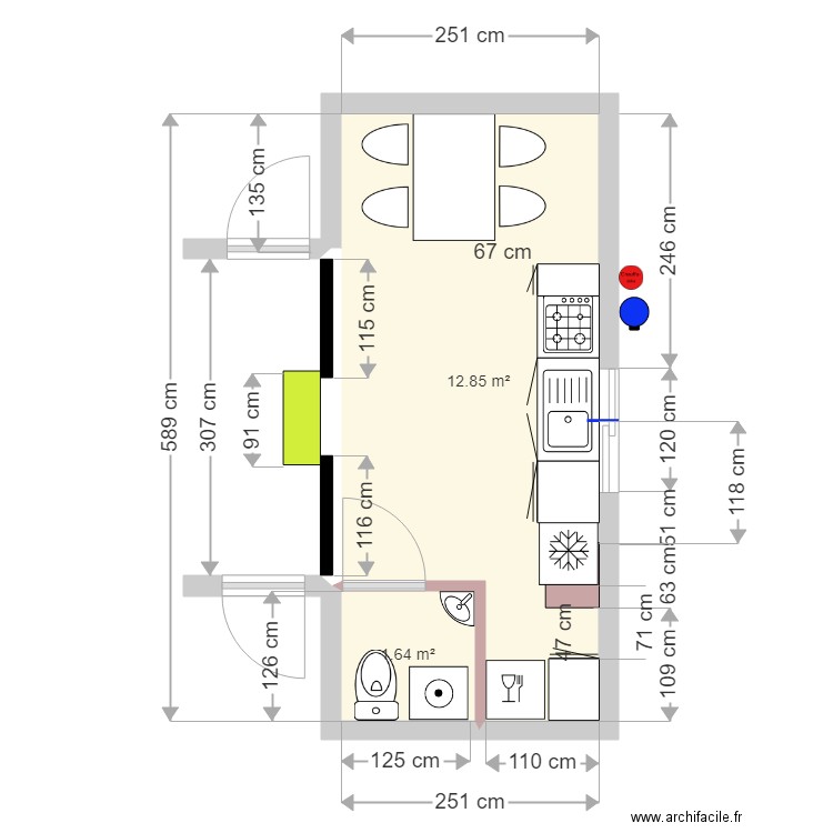 GATE HOUSE AMENAGEMENT CUISINE . Plan de 2 pièces et 14 m2