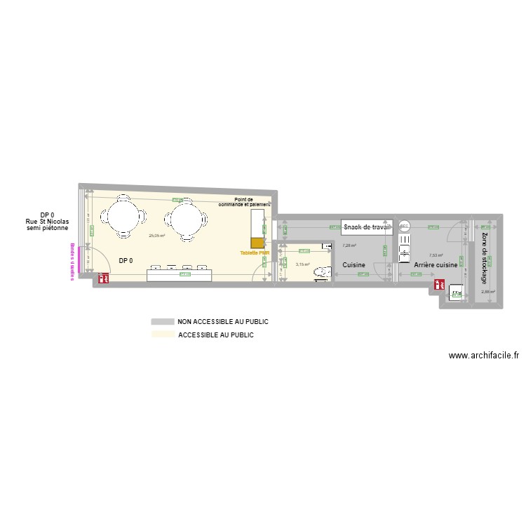 Kiff Koul Kebab plan après travaux. Plan de 5 pièces et 46 m2