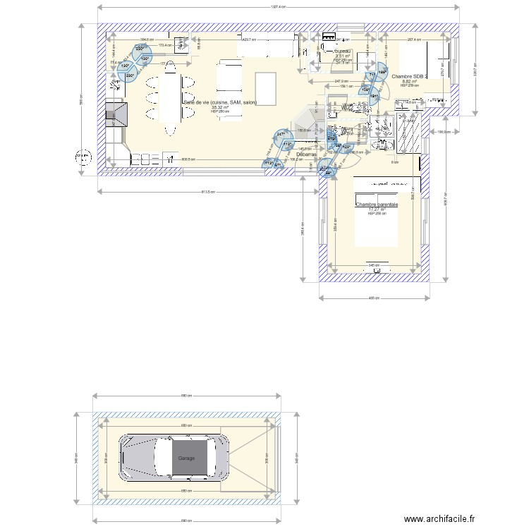 Projet 87 m2 2 CH avec SDB Bureau et garage. Plan de 0 pièce et 0 m2