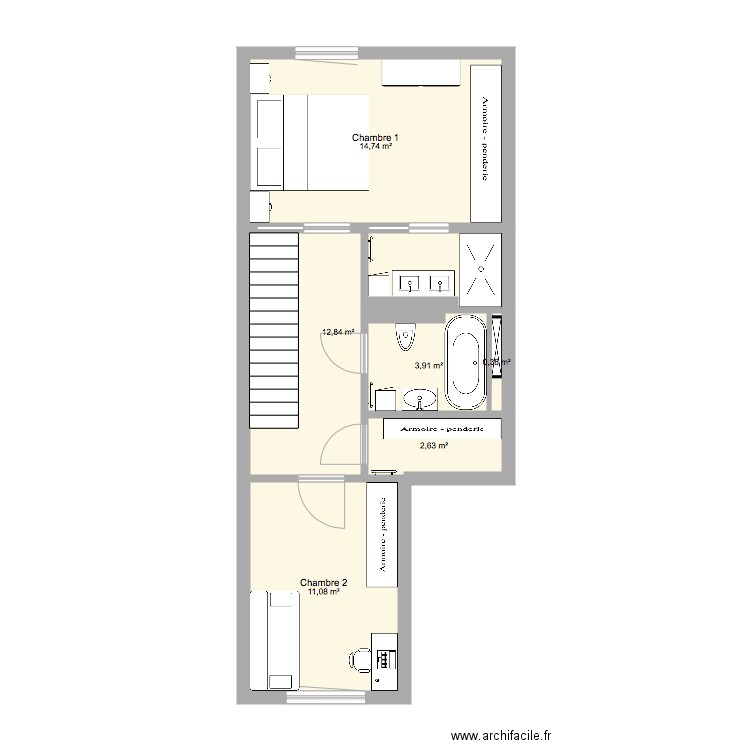 Chambres changement 1. Plan de 6 pièces et 46 m2