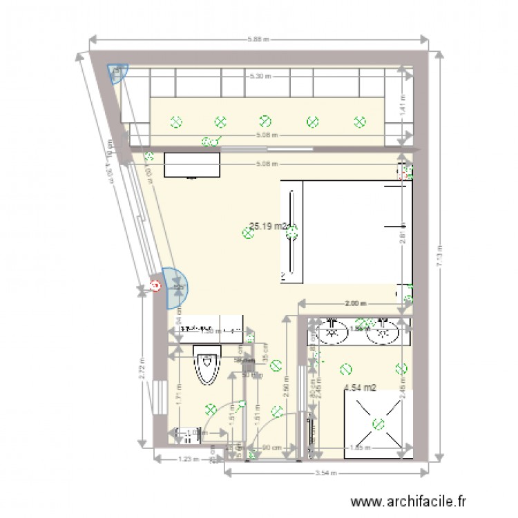 chambre 3. Plan de 2 pièces et 30 m2