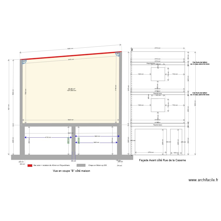 Vue coupe maçonnerie coté maison. Plan de 2 pièces et 99 m2