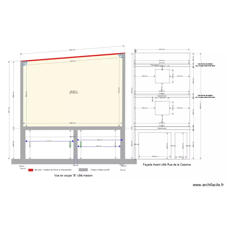 Vue coupe ma&ccedil;onnerie cot&eacute; maison. Plan de 