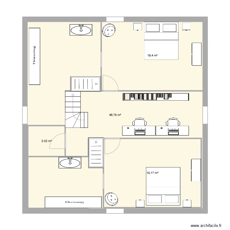 1 er étage. Plan de 4 pièces et 130 m2