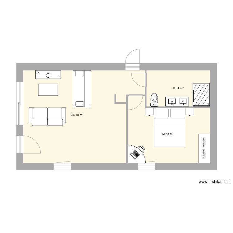 appart Pornic 02. Plan de 3 pièces et 45 m2