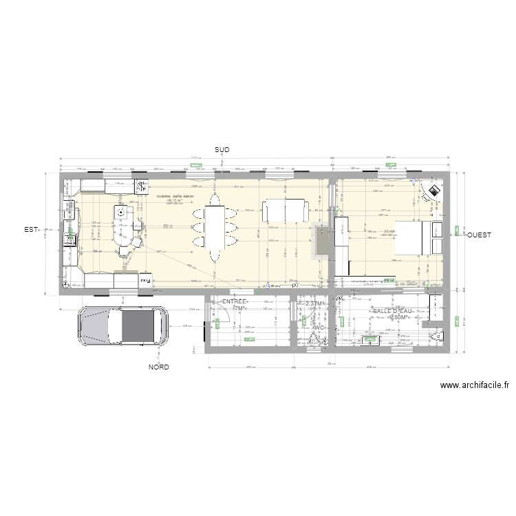 nous. Plan de 2 pièces et 69 m2