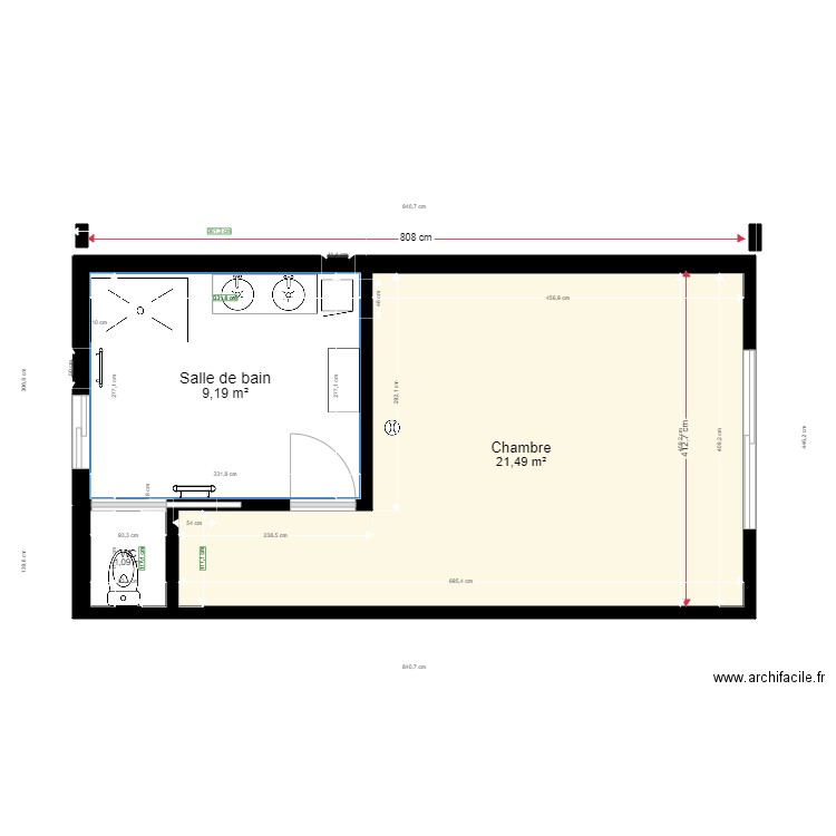 sdb2M. Plan de 3 pièces et 32 m2