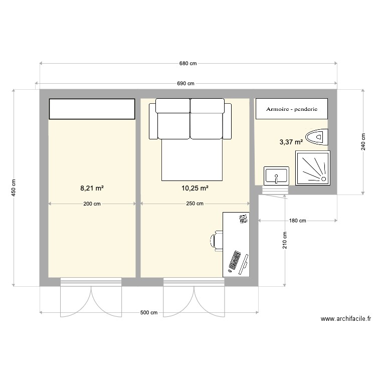 extension 2022. Plan de 3 pièces et 22 m2