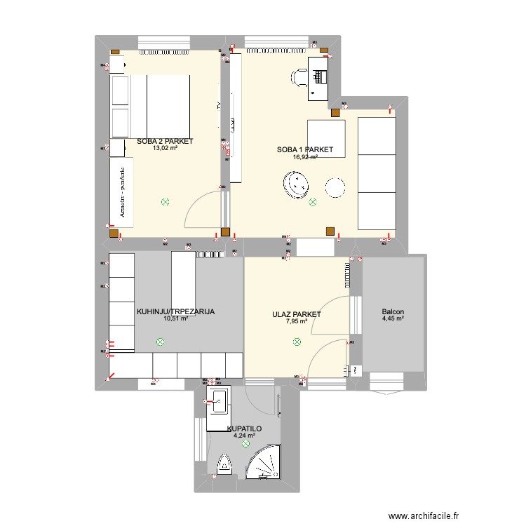 Molerova 12 VIDE. Plan de 8 pièces et 57 m2