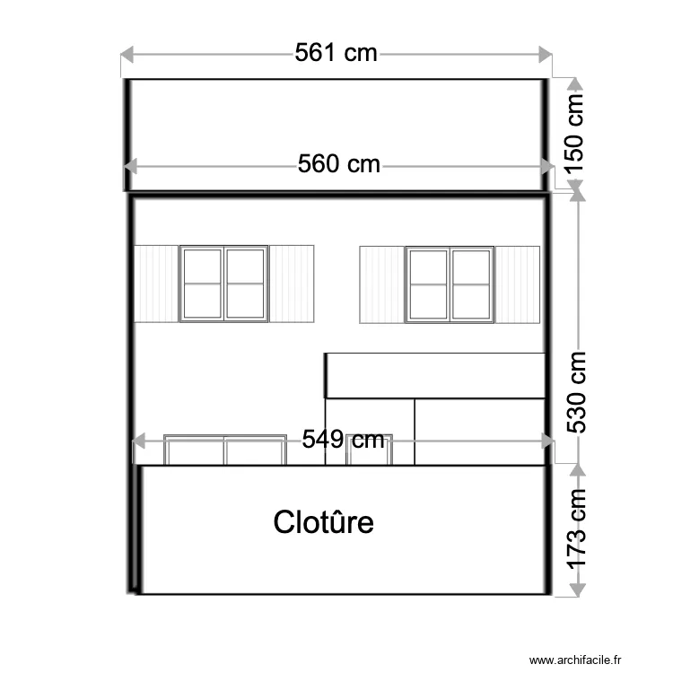 Facade maison apr&egrave;s travaux. Plan de 