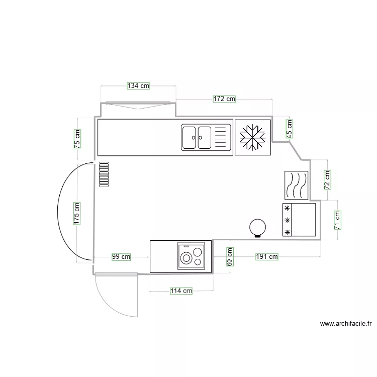 Plan cuisine &eacute;quip&eacute;e. Plan de 0 pièce et 0 m2