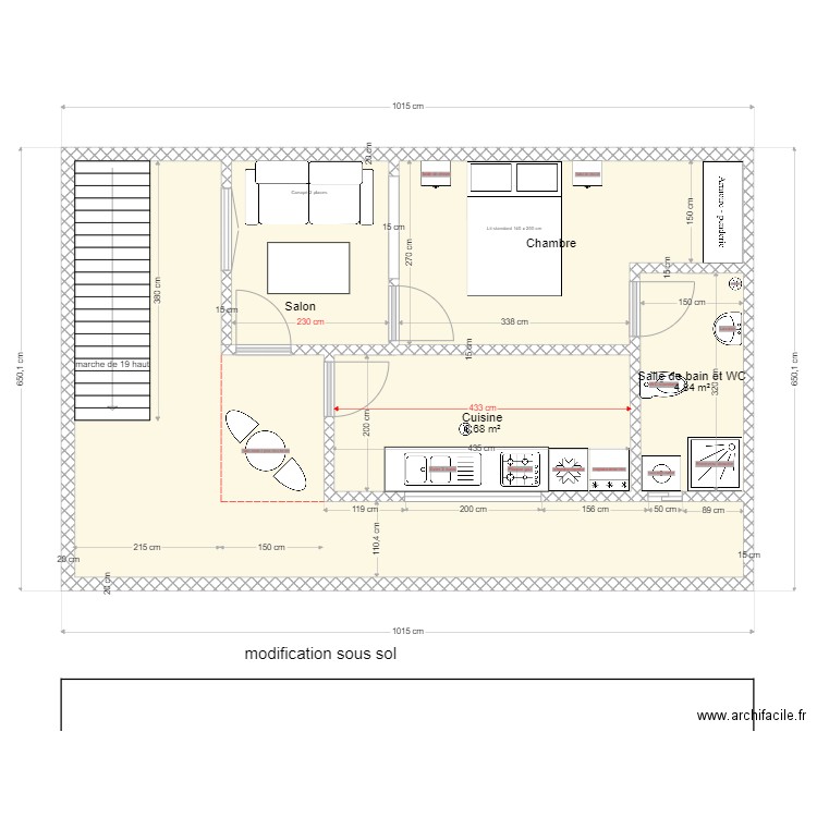 modifications sous-sol. Plan de 4 pièces et 56 m2