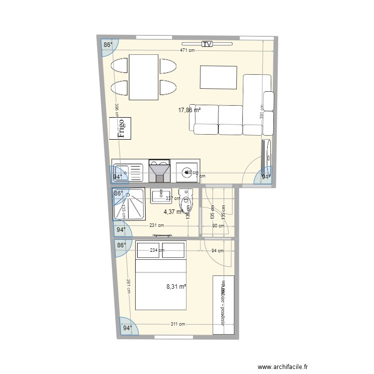 Etage T2 Est. Plan de 3 pièces et 31 m2