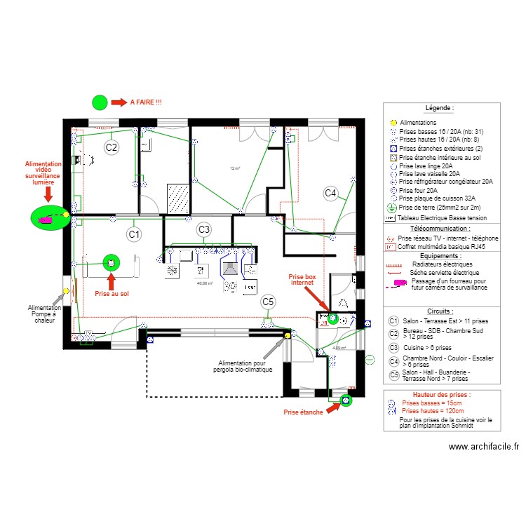 PLAN ELECTRIQUE RDC PRISES. Plan de 8 pièces et 96 m2