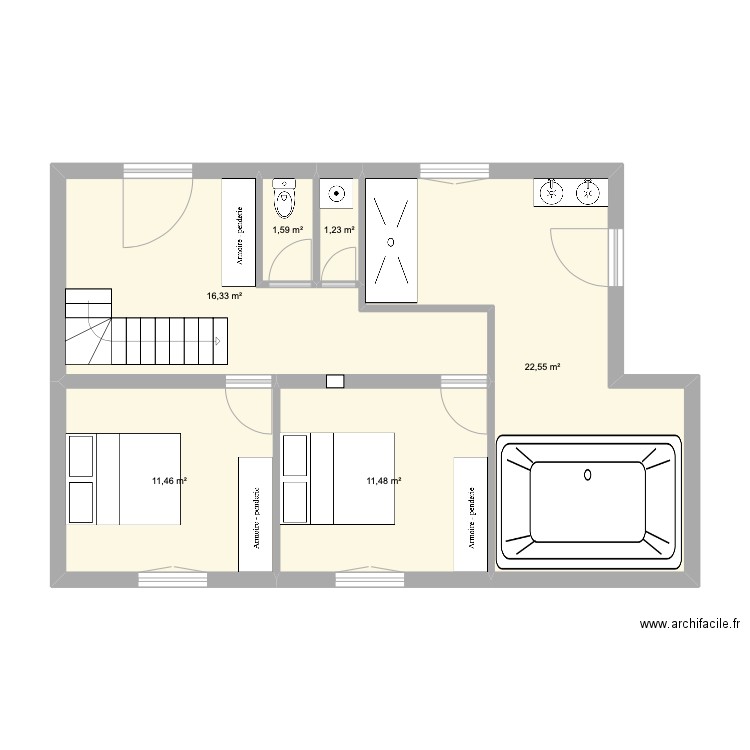 rdc chalet brut avec chambres et piscine. Plan de 6 pièces et 65 m2
