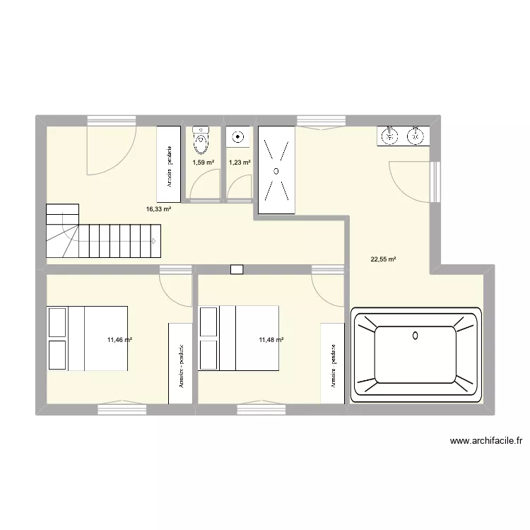 rdc chalet brut avec chambres et piscine. Plan de 