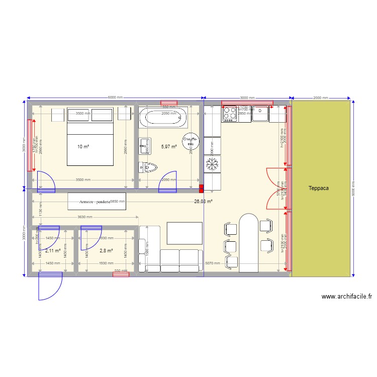 3ка Барн 1212. Plan de 6 pièces et 58 m2