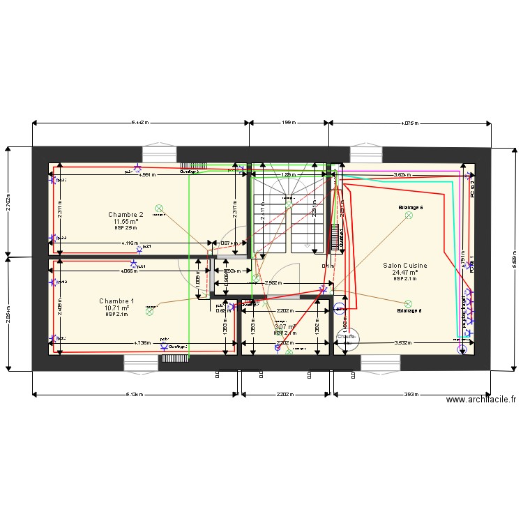 1 er etage plan vide Electricite version 2. Plan de 4 pièces et 50 m2