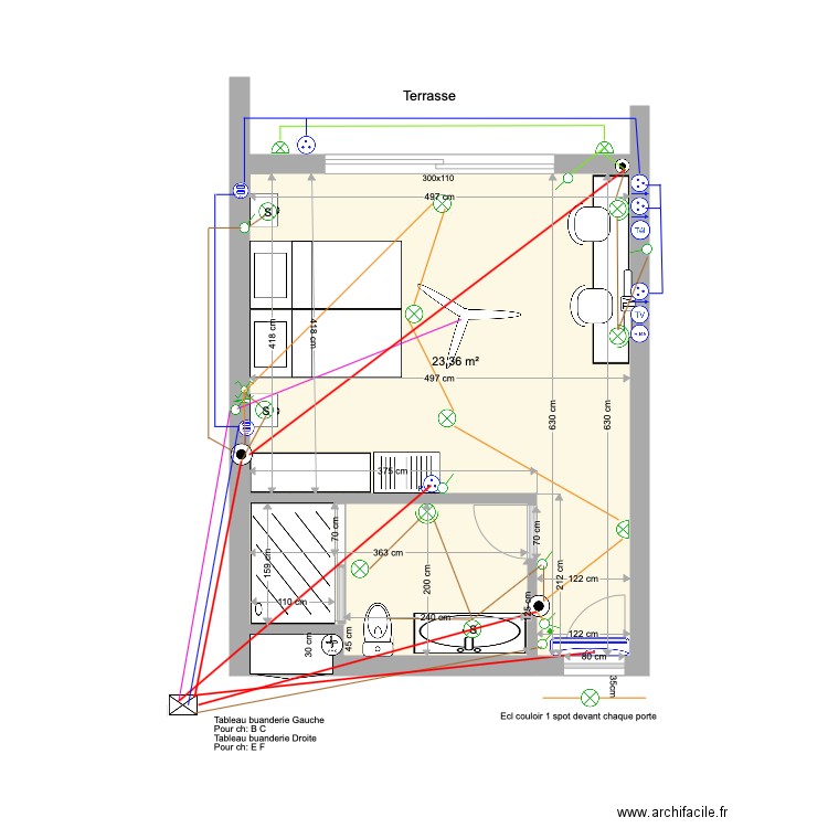 Chambre F arrière Etage 1 élec du 22 02 20. Plan de 3 pièces et 30 m2