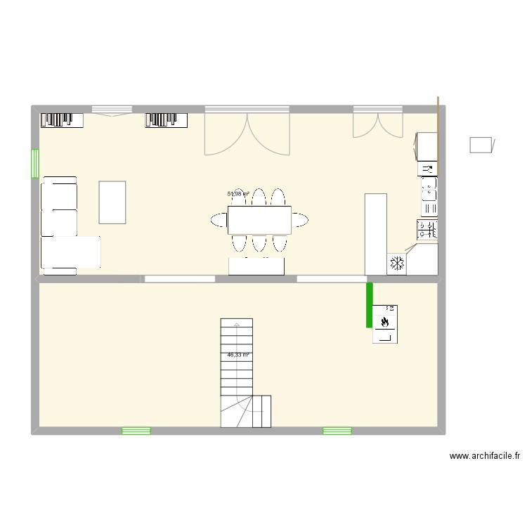 Maison Jarrie. Plan de 2 pièces et 98 m2