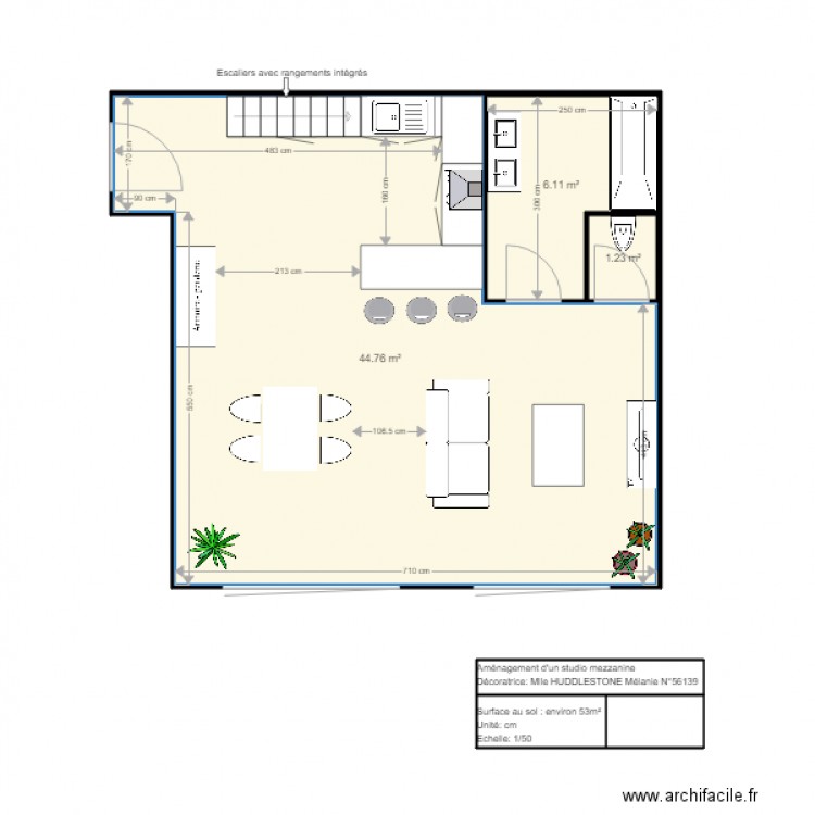 Amenagement studio environ 53m2 avec mezzanine. Plan de 0 pièce et 0 m2