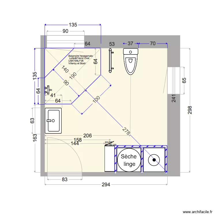 Salle de bain et buanderie. Plan de 