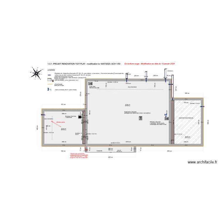 1.3.1 -PROJET RENOVATION TOIT PLAT  Ech  1/50- modification du 18/07/2023. Plan de 6 pièces et 125 m2