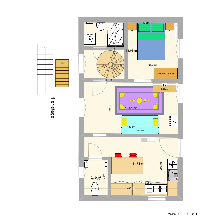 1 er étage Didier. Plan de 4 pièces et 39 m2