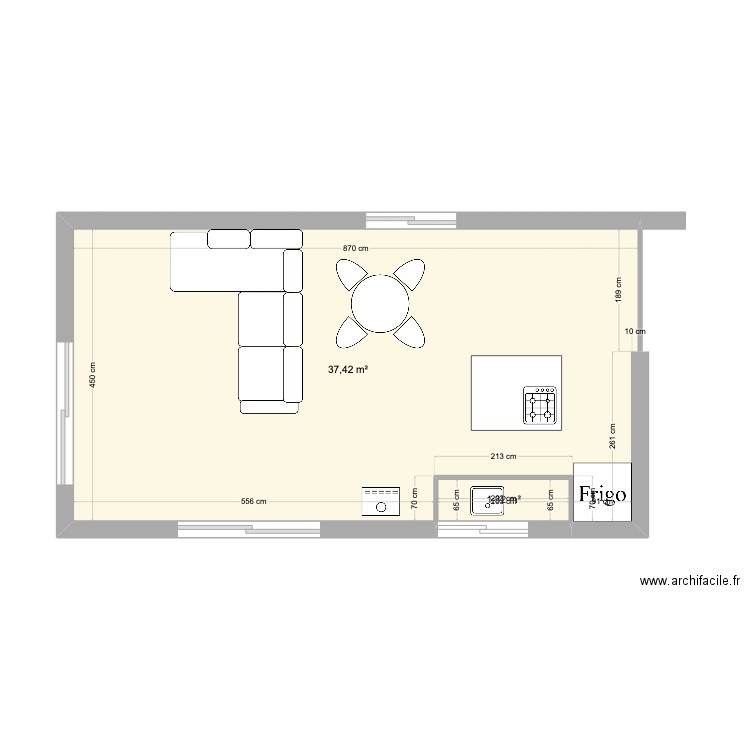 RDC 230322 salon cuisine. Plan de 2 pièces et 39 m2