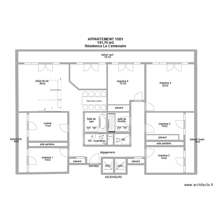 plan appart T6 centenaire. Plan de 19 pièces et 99 m2