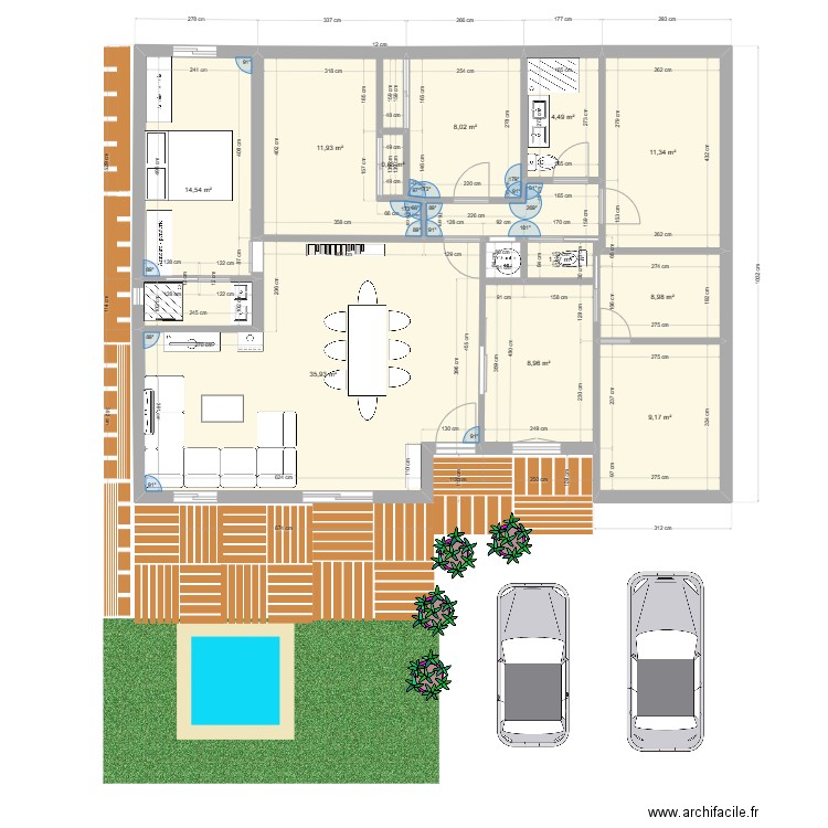 extension. Plan de 11 pièces et 115 m2