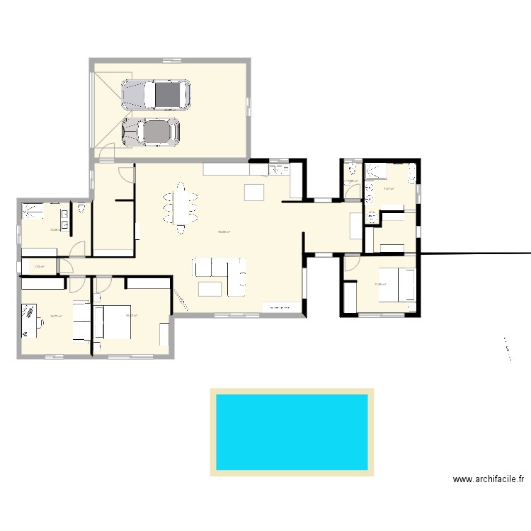 maison avec piscine. Plan de 9 pièces et 198 m2