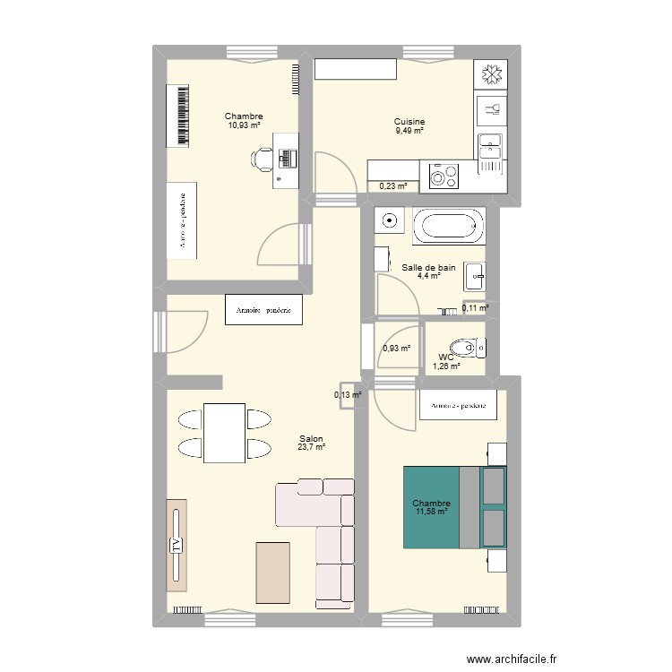 Appartement 39 Carvès demi-mur. Plan de 10 pièces et 63 m2