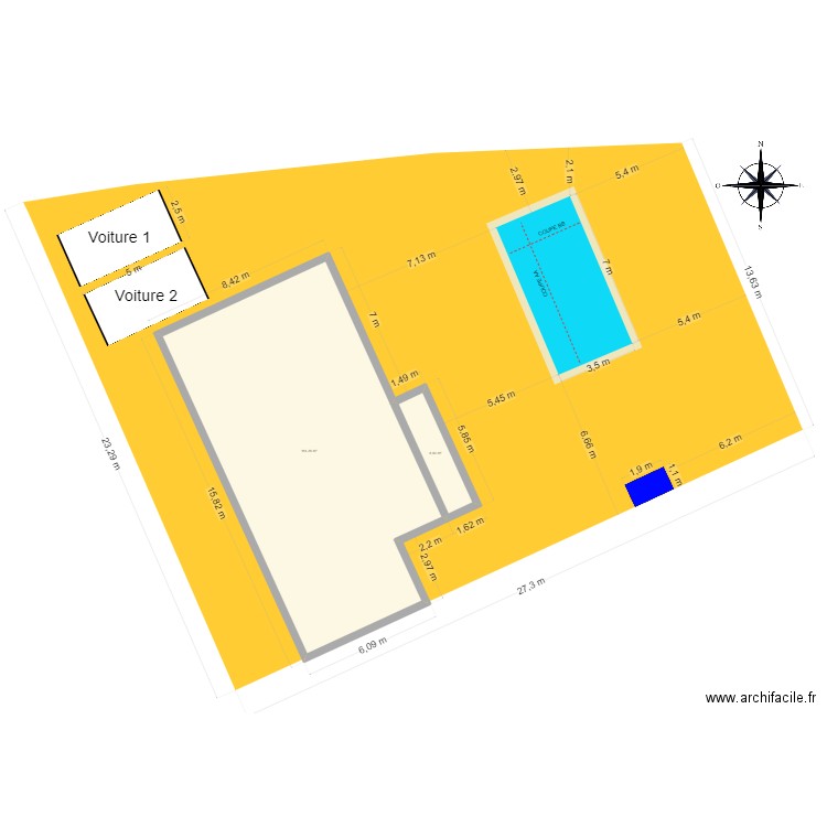 Plan de masse v2. Plan de 2 pièces et 121 m2