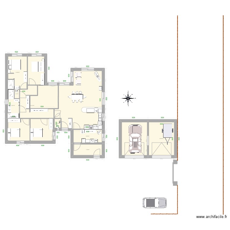 maison en H. Plan de 13 pièces et 202 m2