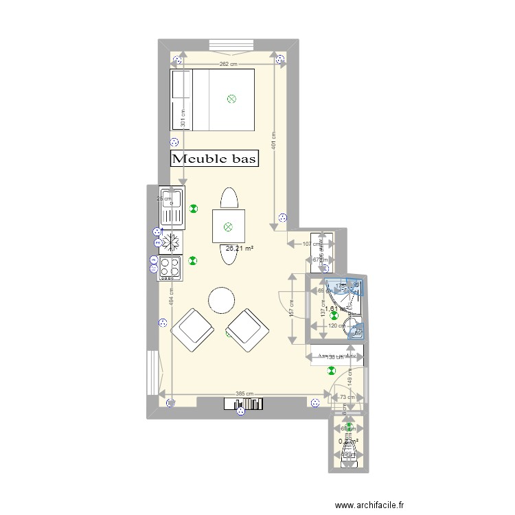 Chabrol sans mezzanine - salle de bain actuelle. Plan de 3 pièces et 29 m2