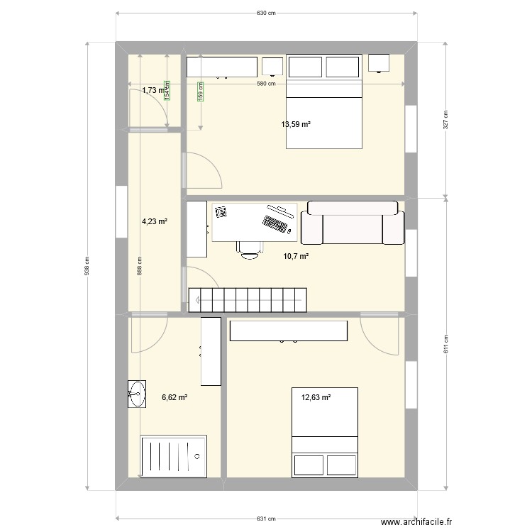 Montpellier 1er etage. V2. Plan de 6 pièces et 50 m2