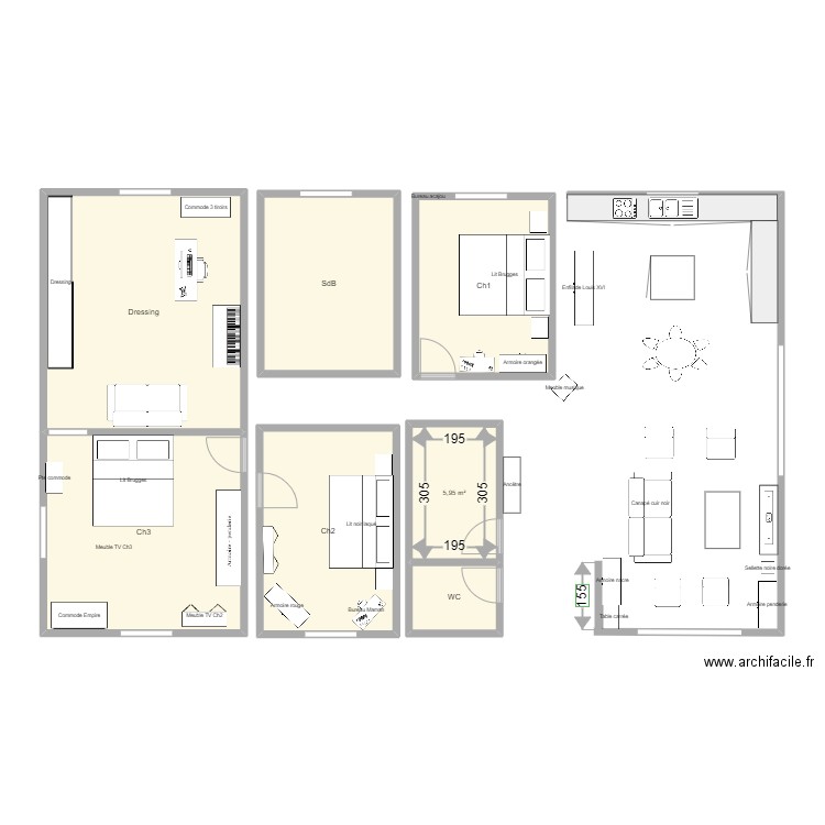 Plan Séjour-Cuisine. Plan de 7 pièces et 91 m2