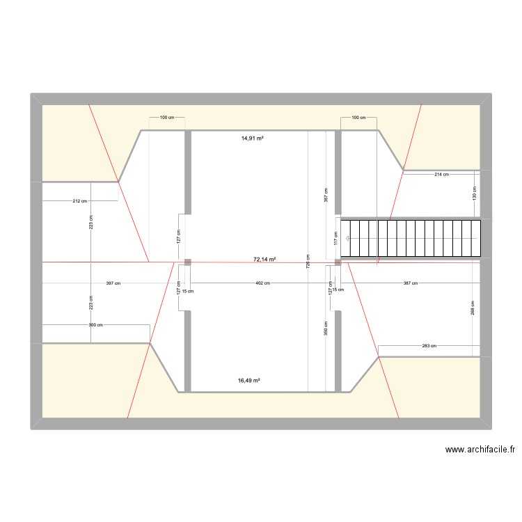 comble. Plan de 3 pièces et 104 m2