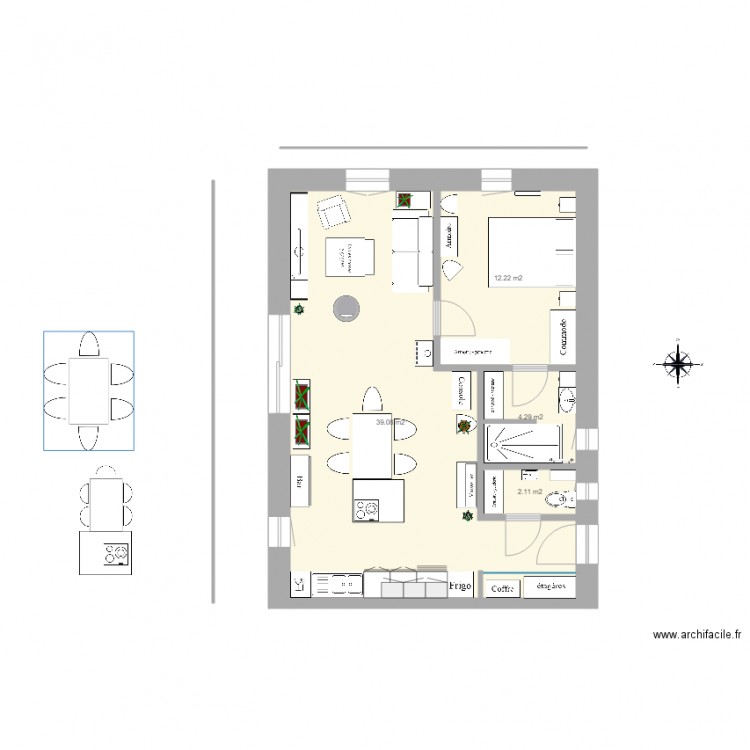 plan appart PG plain pied ferme 7 pignon ouest 3 suite parentale. Plan de 4 pièces et 58 m2