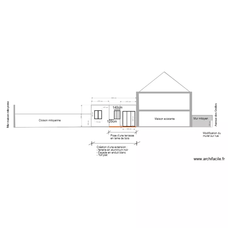 FACADE SO PROJETEE AU NIVEAU EXTENSION nx. Plan de 