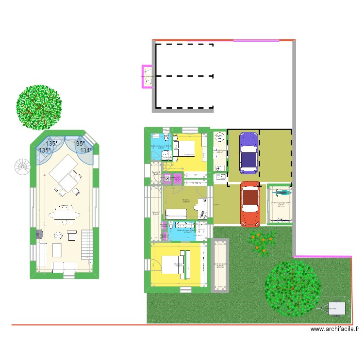 Nouvelle maison coin jour. Plan de 16 pièces et 140 m2