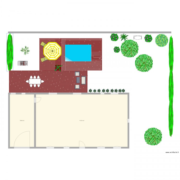 Piscine. Plan de 2 pièces et 142 m2