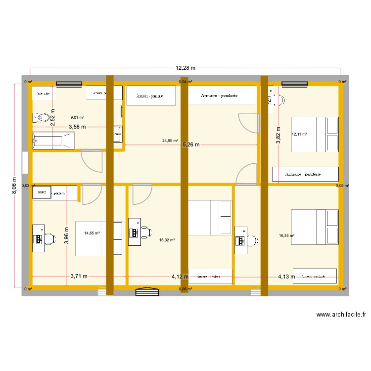AGUILLON_RABIN R1. Plan de 14 pièces et 94 m2