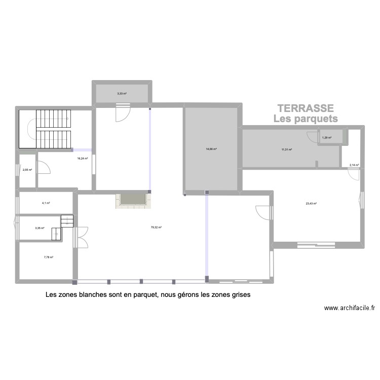 Les parquets du niveau terrasse. Plan de 12 pièces et 169 m2