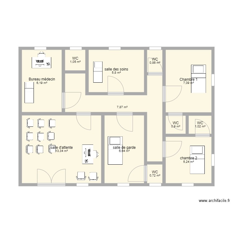 Infirmerie Prison centrale de portgentil. Plan de 12 pièces et 57 m2