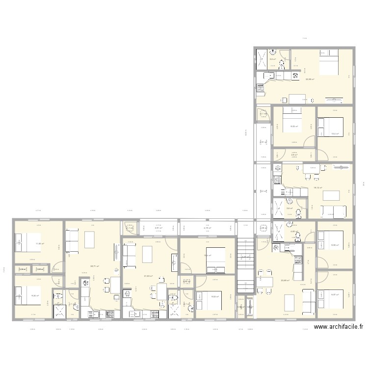 ETAGE REODELE. Plan de 34 pièces et 241 m2